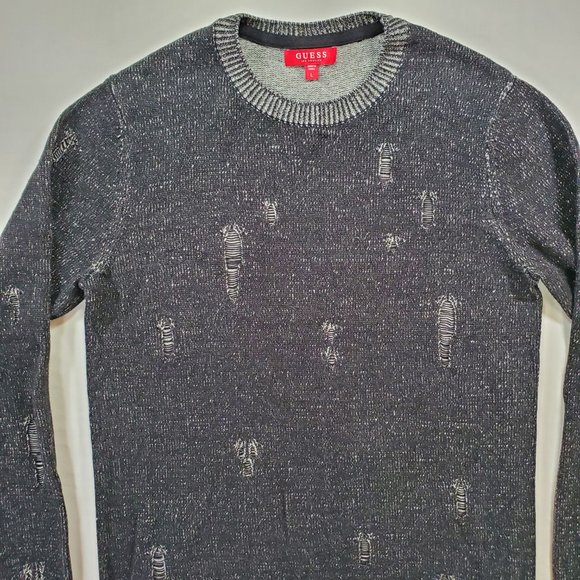 Guess Sweater Men Large Black Tight Knit Slim Oversized Tattered Look Split Hem - Picture 6 of 16